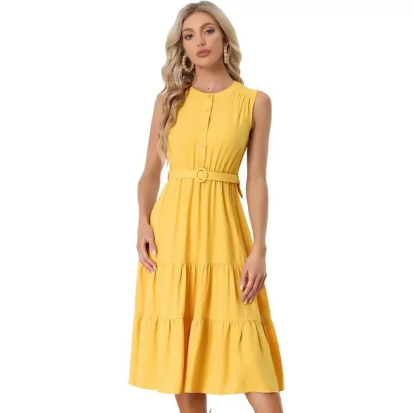 Allegra K Summer Sleeveless Dresses for Women's Casual Elastic Waist Belted Tiered Midi Dress