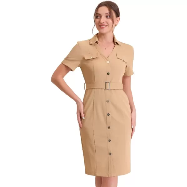 Allegra K V Neck Shirt Dresses for Women's 2023 Belt Waist Short Sleeve Button Down Mini Dress