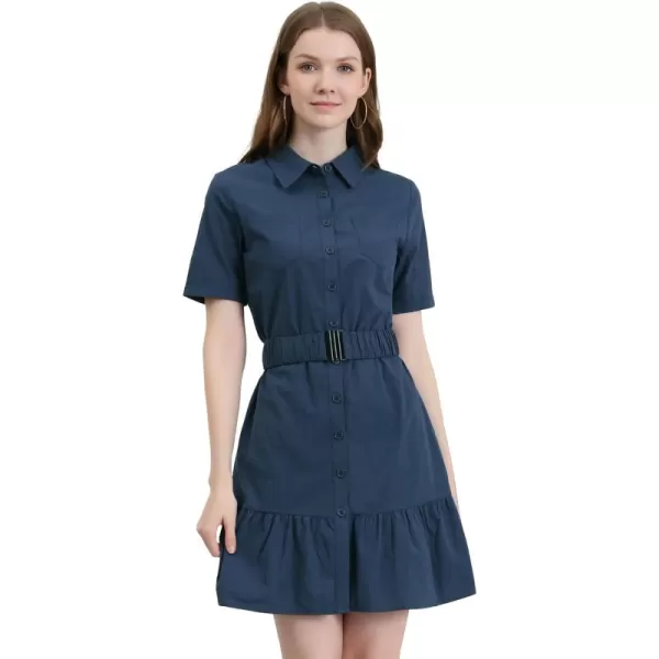 Allegra K Women's Casual Shirt Dress Ruffled Hem Belted Button Up Mini Dresses