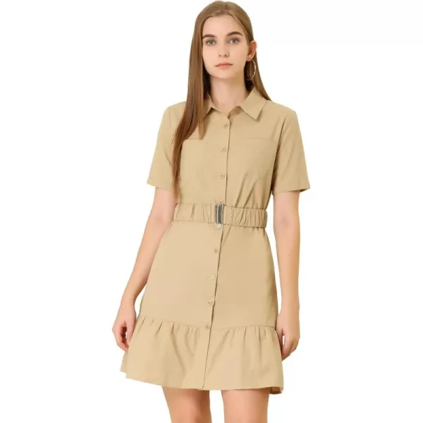 Allegra K Women's Casual Shirt Dress Ruffled Hem Belted Button Up Mini Dresses