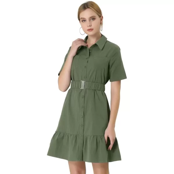 Allegra K Women's Casual Shirt Dress Ruffled Hem Belted Button Up Mini Dresses