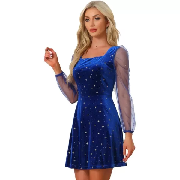 Allegra K Women's Christmas Mesh Sheer Puff Long Sleeve Square Neck Glitter Star Mini Velvet Dress