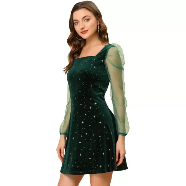 Allegra K Women's Christmas Mesh Sheer Puff Long Sleeve Square Neck Glitter Star Mini Velvet Dress