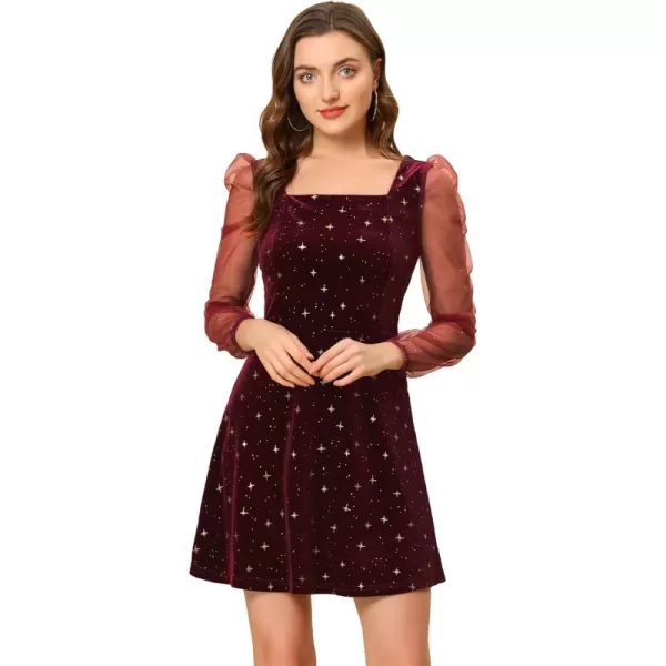 Allegra K Women's Christmas Mesh Sheer Puff Long Sleeve Square Neck Glitter Star Mini Velvet Dress