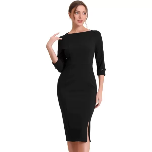 Allegra K Women's Elegant Boat Neck 3/4 Sleeves 2024 Wear to Work Midi Split Sheath Dress