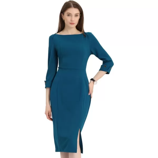 Allegra K Women's Elegant Boat Neck 3/4 Sleeves 2024 Wear to Work Midi Split Sheath Dress