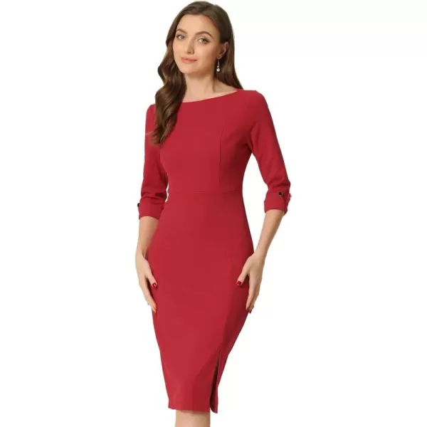 Allegra K Women's Elegant Boat Neck 3/4 Sleeves 2024 Wear to Work Midi Split Sheath Dress