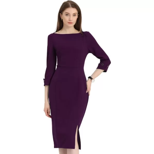 Allegra K Women's Elegant Boat Neck 3/4 Sleeves 2024 Wear to Work Midi Split Sheath Dress