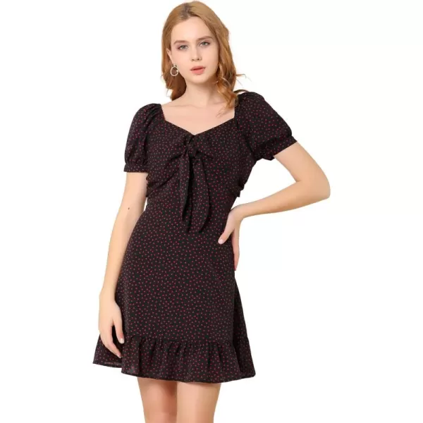 Allegra K Women's Heart Sweetheart Neckline Puff Sleeve Ruffled Hem Tie Knot Mini Dress