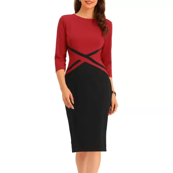 Allegra K Women's Sheath Dresses Contrast Color 3/4 Sleeve Bodycon Work Office Pencil Dress