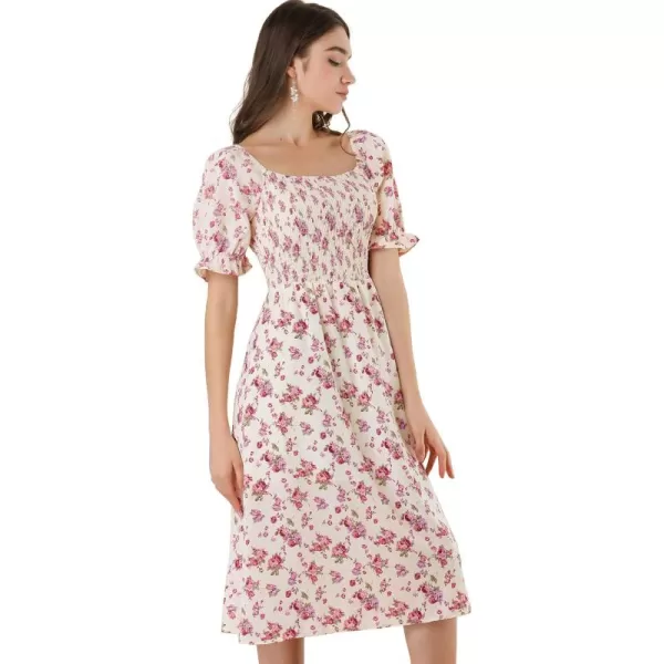 Allegra K Women's Square Neck Puff Sleeves Casual Midi Smocked Floral Dress