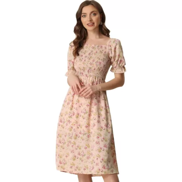 Allegra K Women's Square Neck Puff Sleeves Casual Midi Smocked Floral Dress