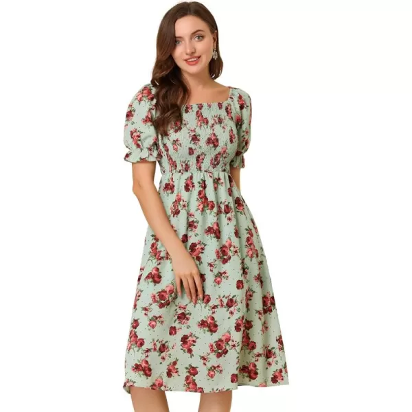 Allegra K Women's Square Neck Puff Sleeves Casual Midi Smocked Floral Dress