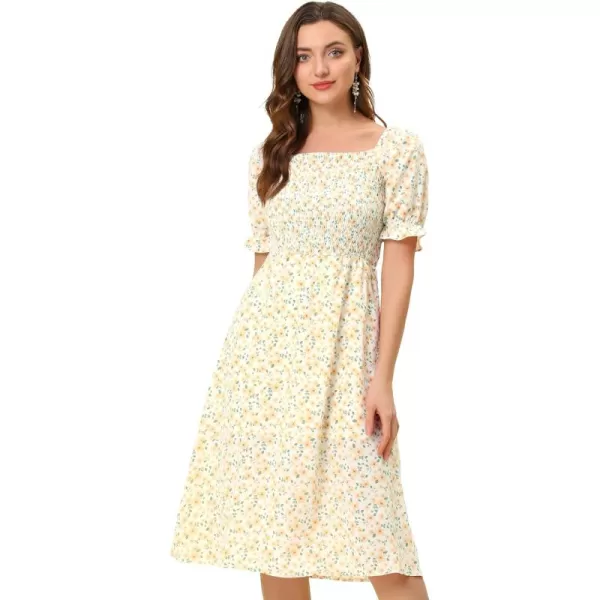 Allegra K Women's Square Neck Puff Sleeves Casual Midi Smocked Floral Dress