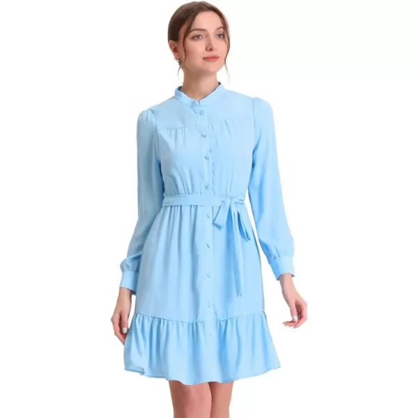 Allegra K Women's Tiered Shirt Dress Stand Collar Long Sleeve Belted Chiffon Ruffle Hem Dress