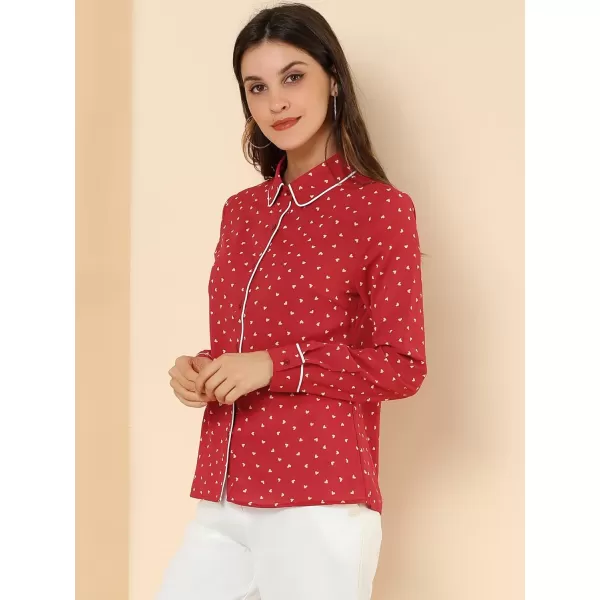 Allegra K Women's Printed Long Sleeve Piped Button Down Office Shirt