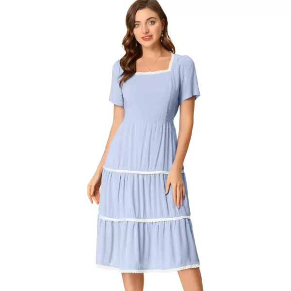 Allegra K Midi Dress for Women's Short Sleeve Tiered Square Neck Long Dresses X-Large Blue