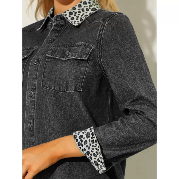 Allegra K Women's Button Up Jean Shirt Long Sleeve Leopard Denim Jacket