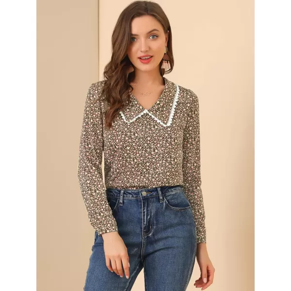 Allegra K Women's Casual Long Sleeve Career Vintage V Neck Floral Tops Blouse Shirt