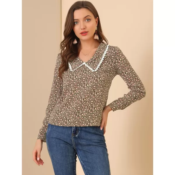 Allegra K Women's Casual Long Sleeve Career Vintage V Neck Floral Tops Blouse Shirt