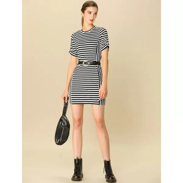 Allegra K Women's Casual Short Sleeve Crew Neck Patchwork Striped T-Shirt Mini Dress