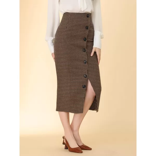 Allegra K Women's Elegant Houndstooth Elastic Waist Straight Split Midi Skirt