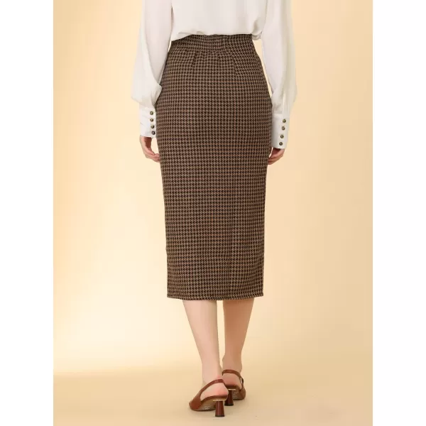 Allegra K Women's Elegant Houndstooth Elastic Waist Straight Split Midi Skirt