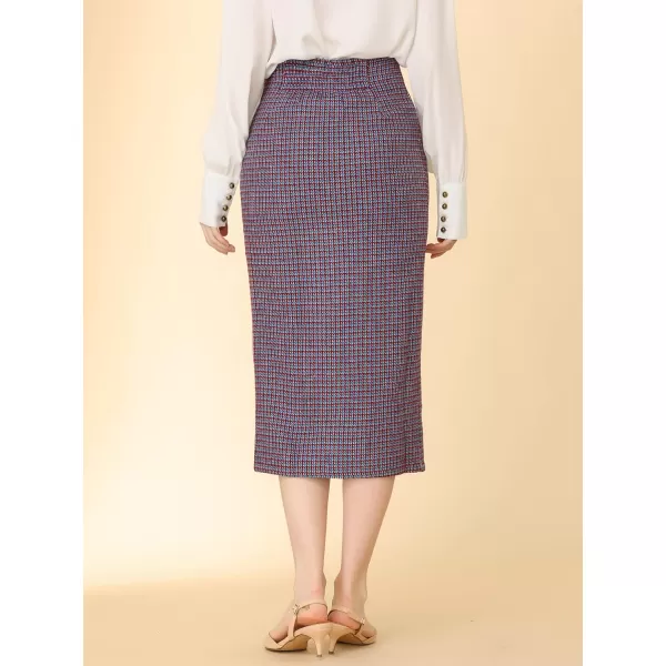 Allegra K Women's Elegant Houndstooth Elastic Waist Straight Split Midi Skirt