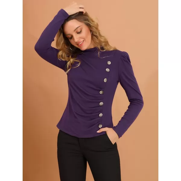 Allegra K Women's Mock Neck Puff Long Sleeve Knit Button Decor Ruched Tops