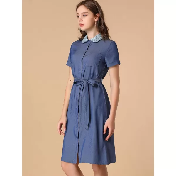 Allegra K Women's Peter Pan Collar Shift Button-Down Bow Tie Waist Cotton Dress