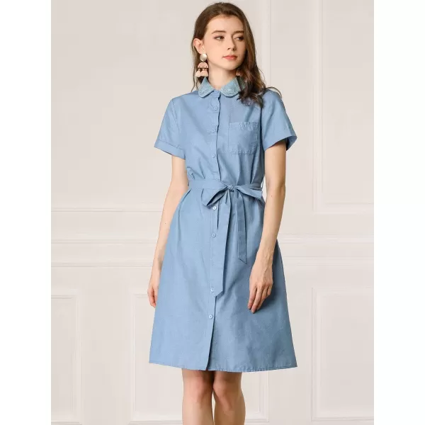 Allegra K Women's Peter Pan Collar Shift Button-Down Bow Tie Waist Cotton Dress