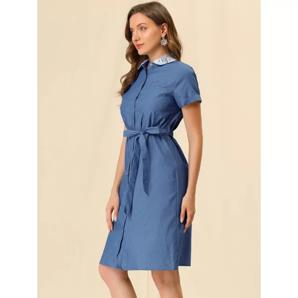 Allegra K Women's Peter Pan Collar Shift Button-Down Bow Tie Waist Cotton Dress