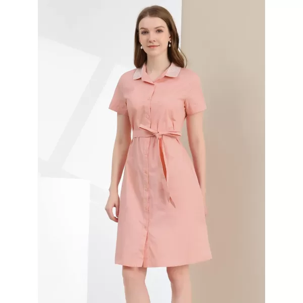 Allegra K Women's Peter Pan Collar Shift Button-Down Bow Tie Waist Cotton Dress