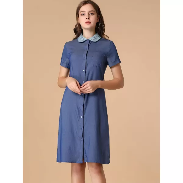 Allegra K Women's Peter Pan Collar Shift Button-Down Bow Tie Waist Cotton Dress