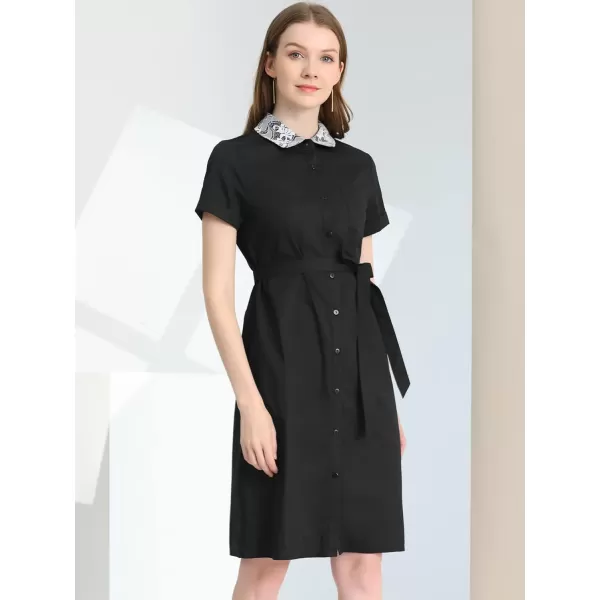 Allegra K Women's Peter Pan Collar Shift Button-Down Bow Tie Waist Cotton Dress