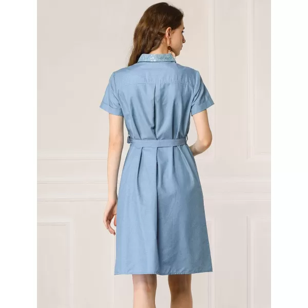 Allegra K Women's Peter Pan Collar Shift Button-Down Bow Tie Waist Cotton Dress