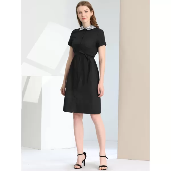 Allegra K Women's Peter Pan Collar Shift Button-Down Bow Tie Waist Cotton Dress