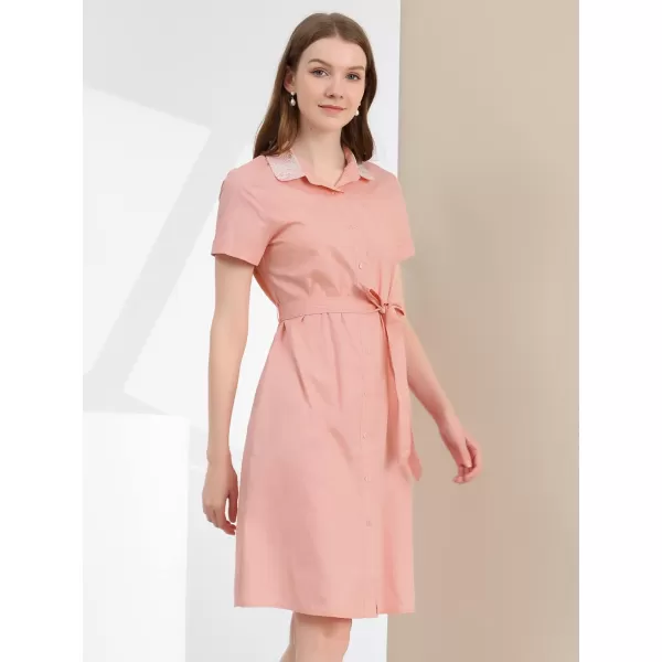 Allegra K Women's Peter Pan Collar Shift Button-Down Bow Tie Waist Cotton Dress