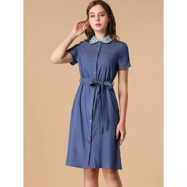 Allegra K Women's Peter Pan Collar Shift Button-Down Bow Tie Waist Cotton Dress