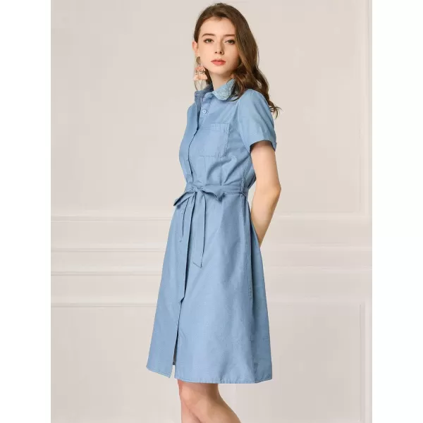 Allegra K Women's Peter Pan Collar Shift Button-Down Bow Tie Waist Cotton Dress