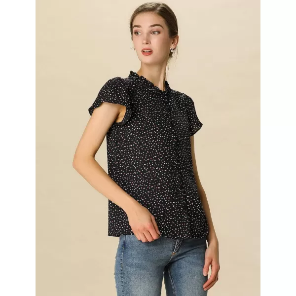 Allegra K Women's Ruffle Summer Dots Print 1950s Retro Short Sleeve Button Down Blouse Top