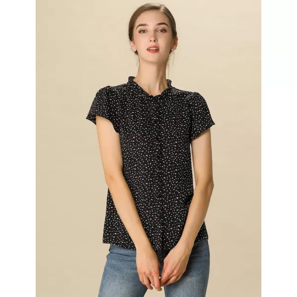 Allegra K Women's Ruffle Summer Dots Print 1950s Retro Short Sleeve Button Down Blouse Top