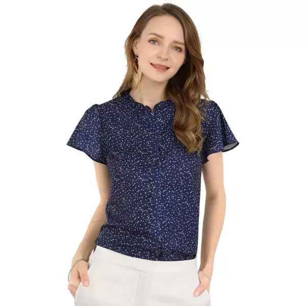 Allegra K Women's Ruffle Summer Dots Print 1950s Retro Short Sleeve Button Down Blouse Top