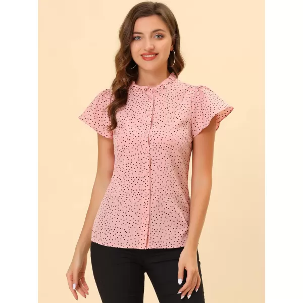 Allegra K Women's Ruffle Summer Dots Print 1950s Retro Short Sleeve Button Down Blouse Top