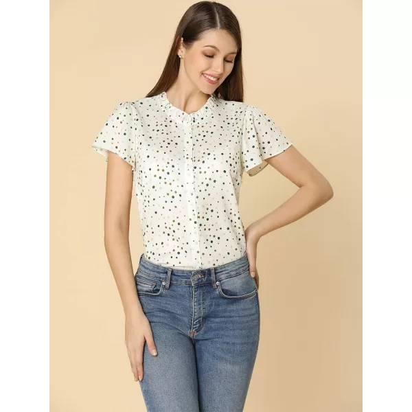 Allegra K Women's Ruffle Summer Dots Print 1950s Retro Short Sleeve Button Down Blouse Top