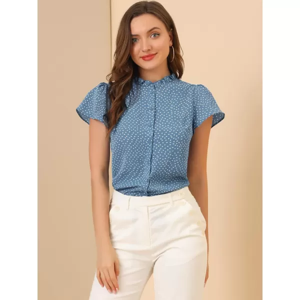Allegra K Women's Ruffle Summer Dots Print 1950s Retro Short Sleeve Button Down Blouse Top