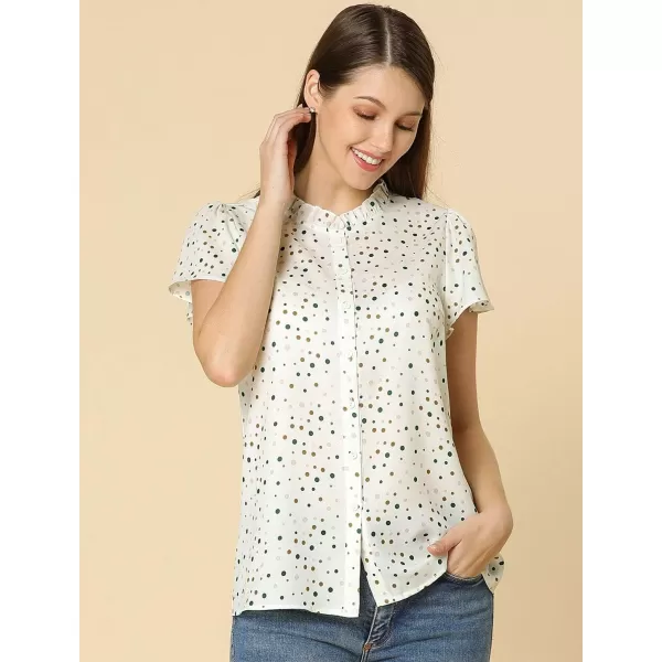 Allegra K Women's Ruffle Summer Dots Print 1950s Retro Short Sleeve Button Down Blouse Top