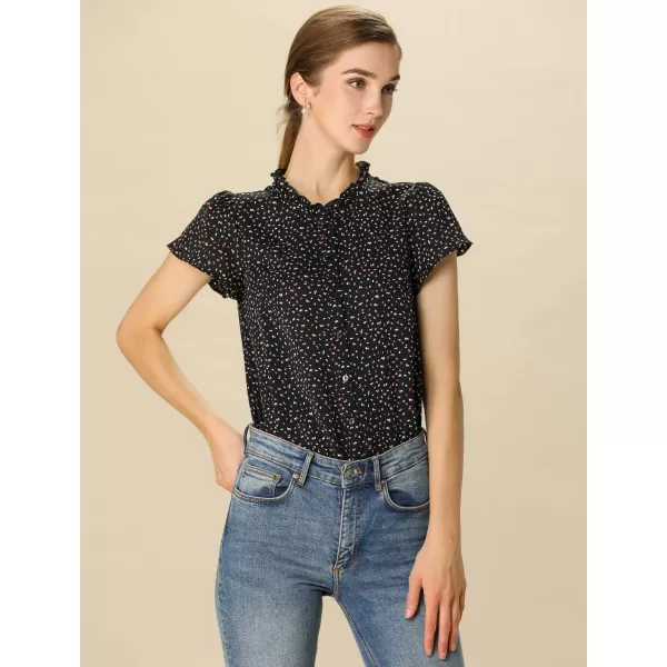 Allegra K Women's Ruffle Summer Dots Print 1950s Retro Short Sleeve Button Down Blouse Top