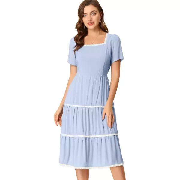 Allegra K Midi Dress for Women's Short Sleeve Tiered Square Neck Long Dresses X-Large Blue