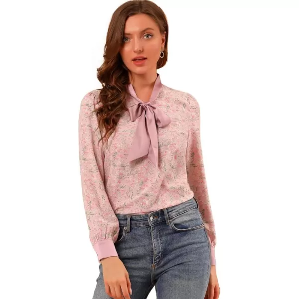 Allegra K Women's Bow Tie Long Sleeve Office Ladies Tops Floral Chiffon Blouse